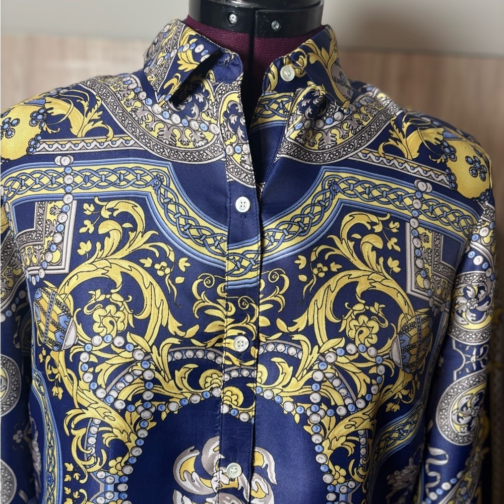 J. McLaughlin Faberge Con Lois Silk Blend Blouse Navy and Gold - Picture 6 of 11